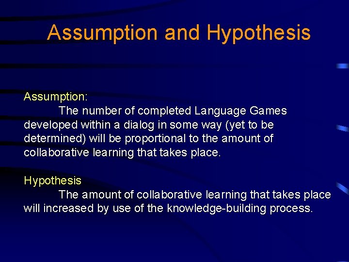 Assumption and Hypothesis Assumption: The number of completed Language Games developed within a dialog