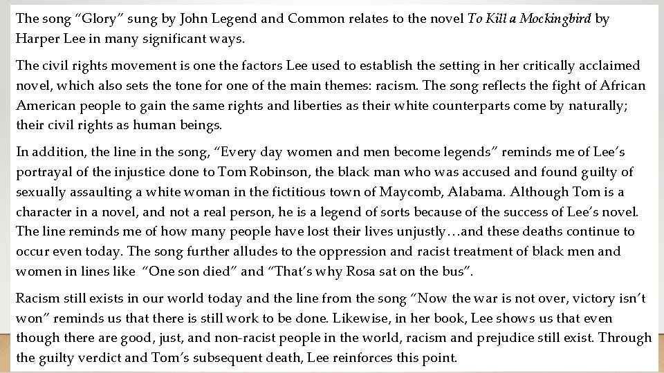 The song “Glory” sung by John Legend and Common relates to the novel To