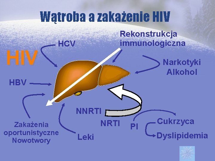 Wątroba a zakażenie HIV Rekonstrukcja immunologiczna HCV Narkotyki Alkohol HBV Zakażenia oportunistyczne Nowotwory NNRTI