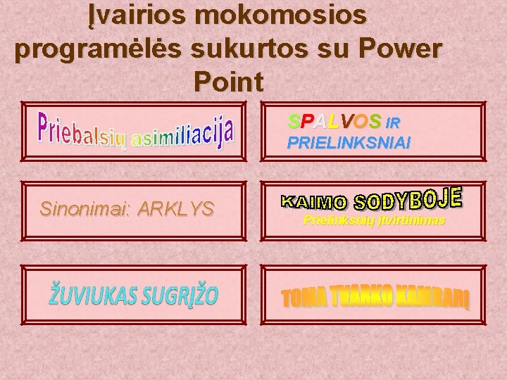 Įvairios mokomosios programėlės sukurtos su Power Point SPALVOS IR PRIELINKSNIAI Sinonimai: ARKLYS Prielinksnių įtvirtinimas