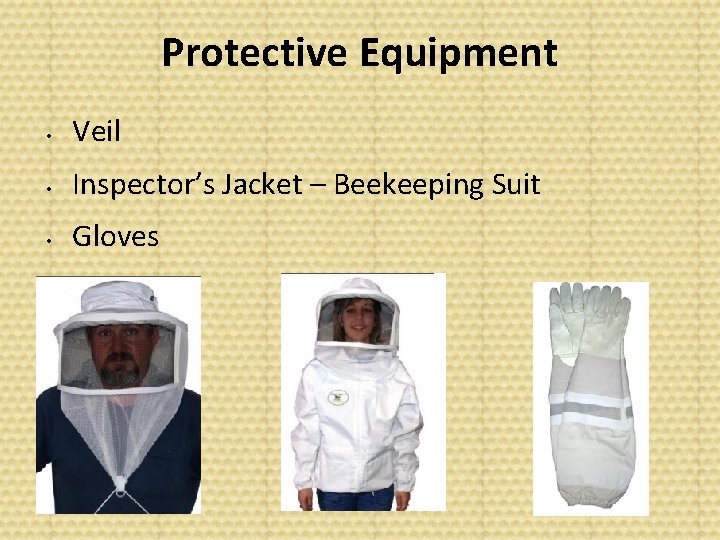 Protective Equipment • Veil • Inspector’s Jacket – Beekeeping Suit • Gloves 