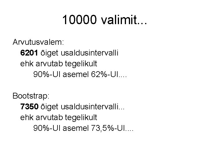 10000 valimit. . . Arvutusvalem: 6201 õiget usaldusintervalli ehk arvutab tegelikult 90%-UI asemel 62%-UI.