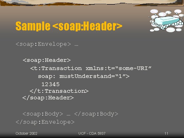 Sample <soap: Header> <soap: Envelope> … <soap: Header> <t: Transaction xmlns: t=“some-URI” soap: must.