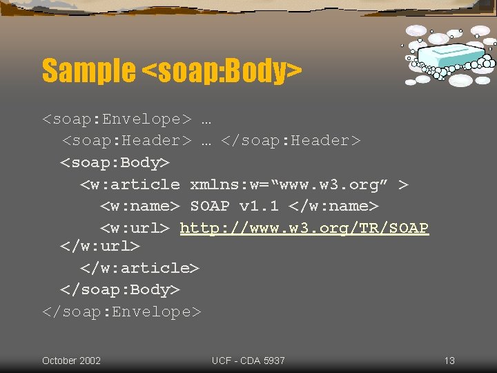 Sample <soap: Body> <soap: Envelope> … <soap: Header> … </soap: Header> <soap: Body> <w: