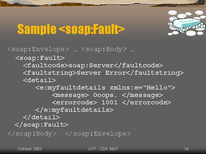 Sample <soap: Fault> <soap: Envelope> … <soap: Body> … <soap: Fault> <faultcode>soap: Server</faultcode> <faultstring>Server