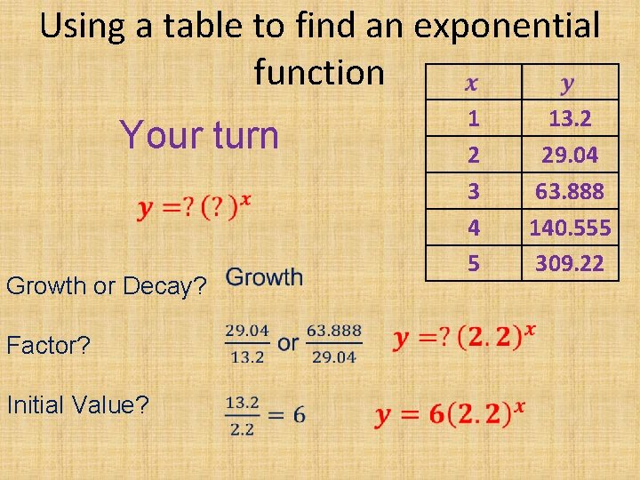 Using a table to find an exponential function Your turn Growth or Decay? Factor? Using a table to find an exponential function Your turn Growth or Decay? Factor?