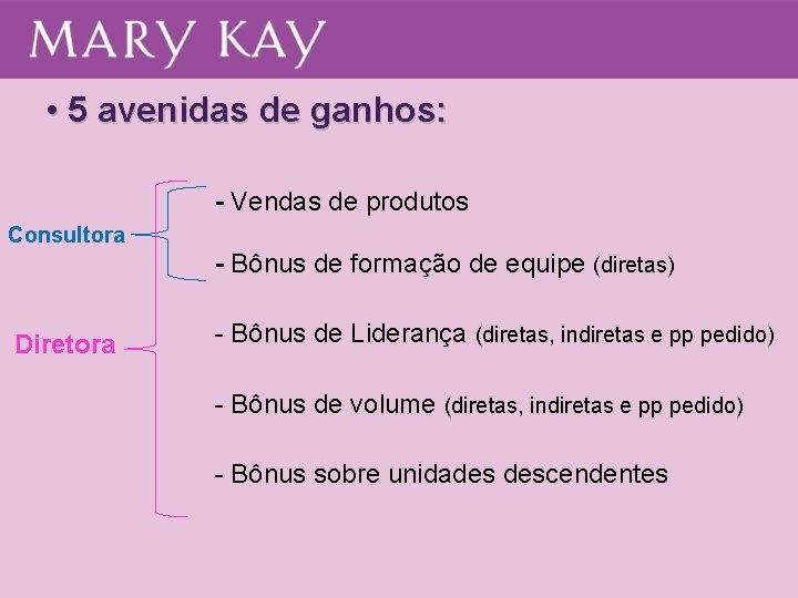  • 5 avenidas de ganhos: - Vendas de produtos Consultora - Bônus de