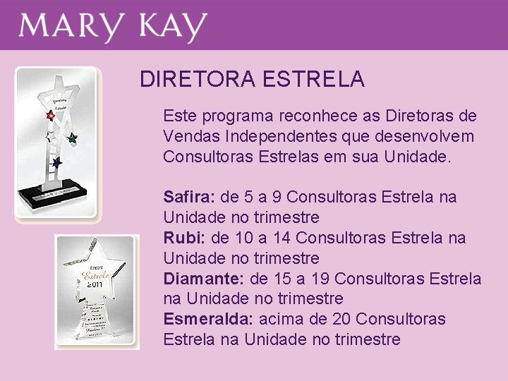 DIRETORA ESTRELA Este programa reconhece as Diretoras de Vendas Independentes que desenvolvem Consultoras Estrelas DIRETORA ESTRELA Este programa reconhece as Diretoras de Vendas Independentes que desenvolvem Consultoras Estrelas