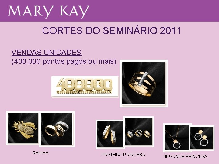 CORTES DO SEMINÁRIO 2011 VENDAS UNIDADES (400. 000 pontos pagos ou mais) RAINHA PRIMEIRA CORTES DO SEMINÁRIO 2011 VENDAS UNIDADES (400. 000 pontos pagos ou mais) RAINHA PRIMEIRA