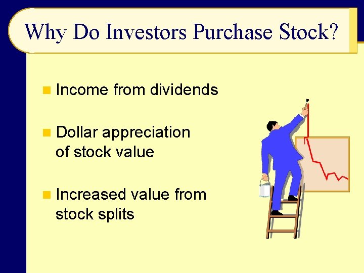 Why Do Investors Purchase Stock? n Income from dividends n Dollar appreciation of stock