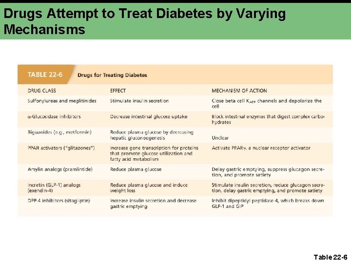 Drugs Attempt to Treat Diabetes by Varying Mechanisms Table 22 -6 