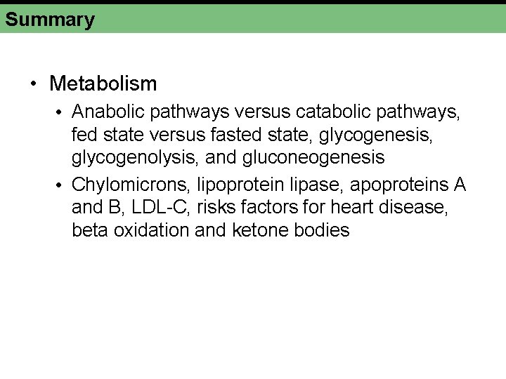 Summary • Metabolism • Anabolic pathways versus catabolic pathways, fed state versus fasted state,