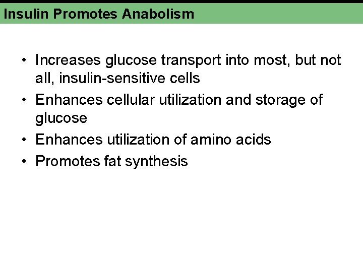 Insulin Promotes Anabolism • Increases glucose transport into most, but not all, insulin-sensitive cells