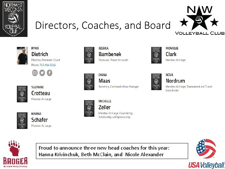 Directors, Coaches, and Board Proud to announce three new head coaches for this year: