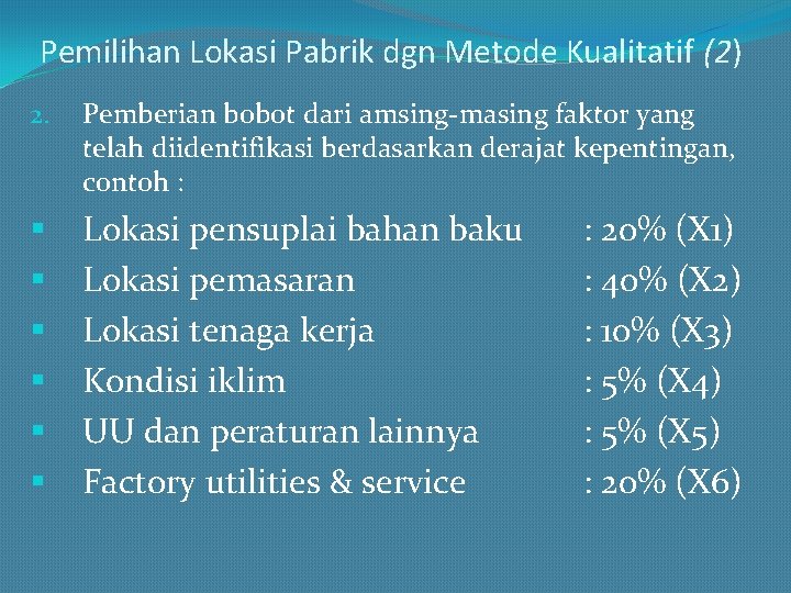 Pemilihan Lokasi Pabrik dgn Metode Kualitatif (2) 2. Pemberian bobot dari amsing-masing faktor yang