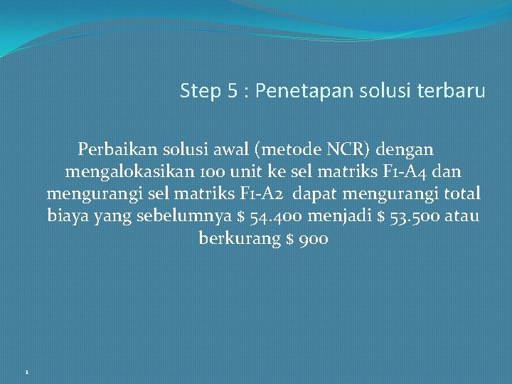 Step 5 : Penetapan solusi terbaru Perbaikan solusi awal (metode NCR) dengan mengalokasikan 100