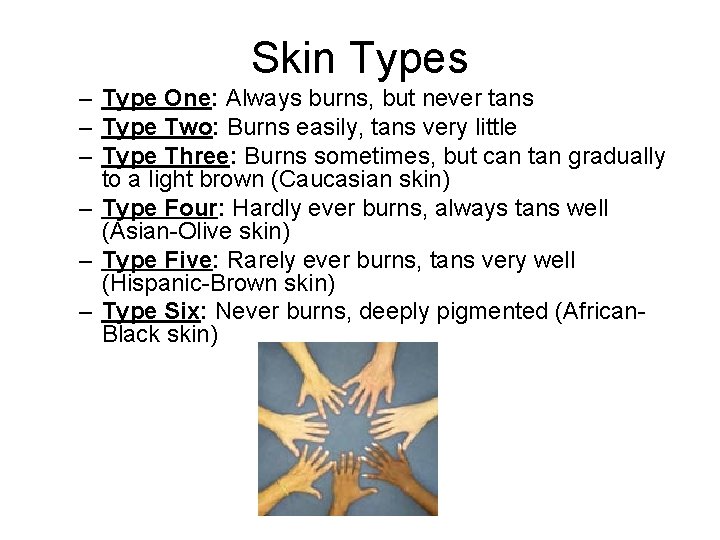 Skin Types – Type One: Always burns, but never tans – Type Two: Burns