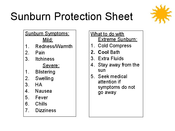 Sunburn Protection Sheet Sunburn Symptoms: Mild: 1. Redness/Warmth 2. Pain 3. Itchiness Severe: 1.