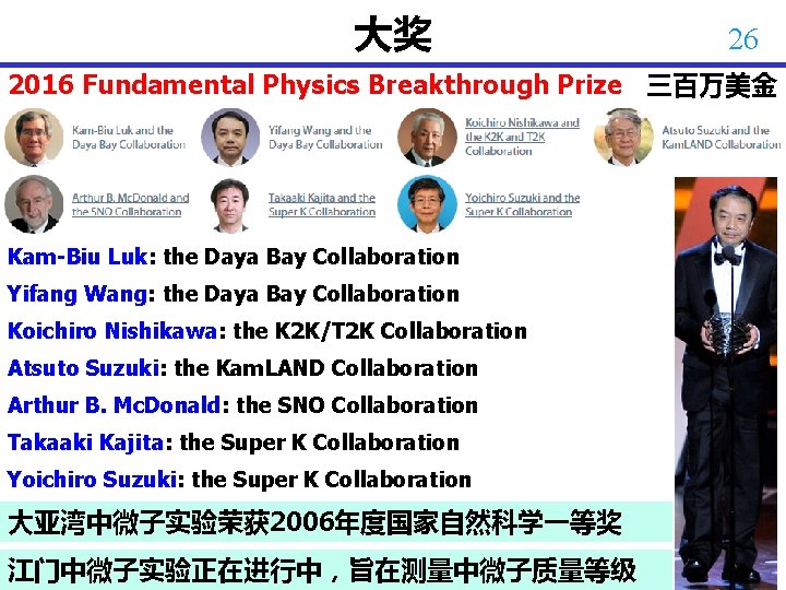大奖 26 2016 Fundamental Physics Breakthrough Prize 三百万美金 Kam-Biu Luk: the Daya Bay Collaboration