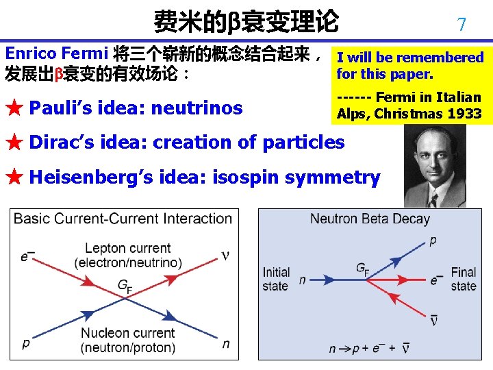 费米的 衰变理论 7 Enrico Fermi 将三个崭新的概念结合起来， I will be remembered 发展出 衰变的有效场论： for this