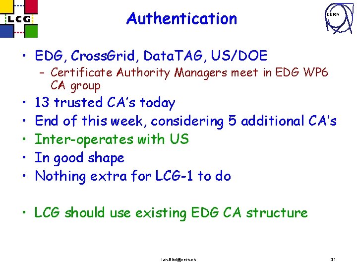 Authentication CERN • EDG, Cross. Grid, Data. TAG, US/DOE • • • – Certificate