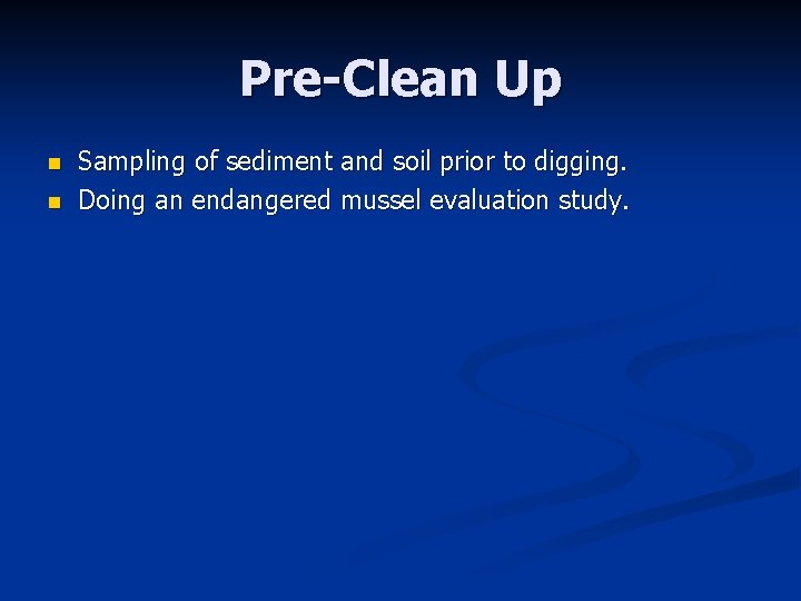 Pre-Clean Up n n Sampling of sediment and soil prior to digging. Doing an