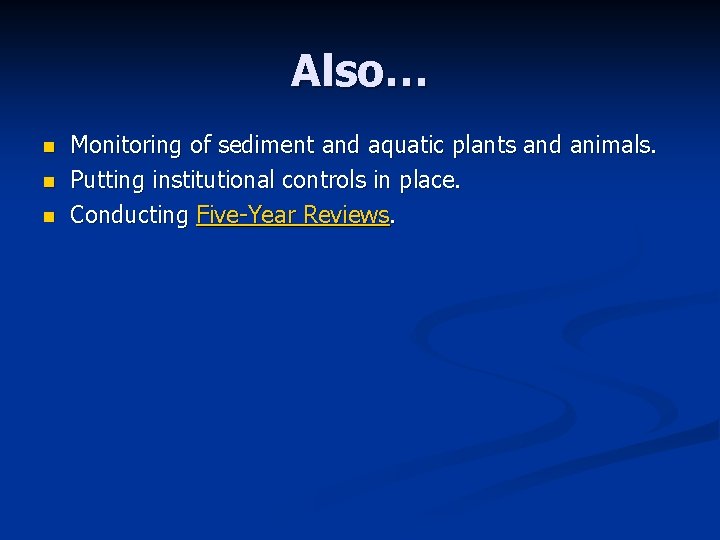 Also… n n n Monitoring of sediment and aquatic plants and animals. Putting institutional