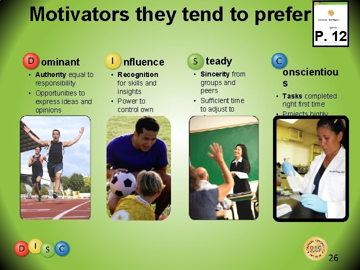 Motivators they tend to prefer… P. 12 ominant • Authority equal to responsibility •