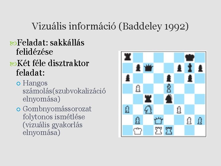 Vizuális információ (Baddeley 1992) Feladat: sakkállás felidézése Két féle disztraktor feladat: Hangos számolás(szubvokalizáció elnyomása)