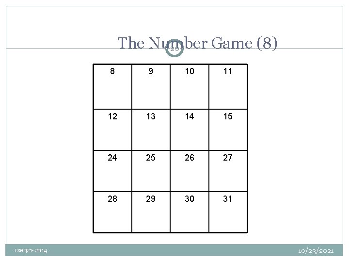 The Number Game (8) 20 cse 321 -2014 8 9 10 11 12 13