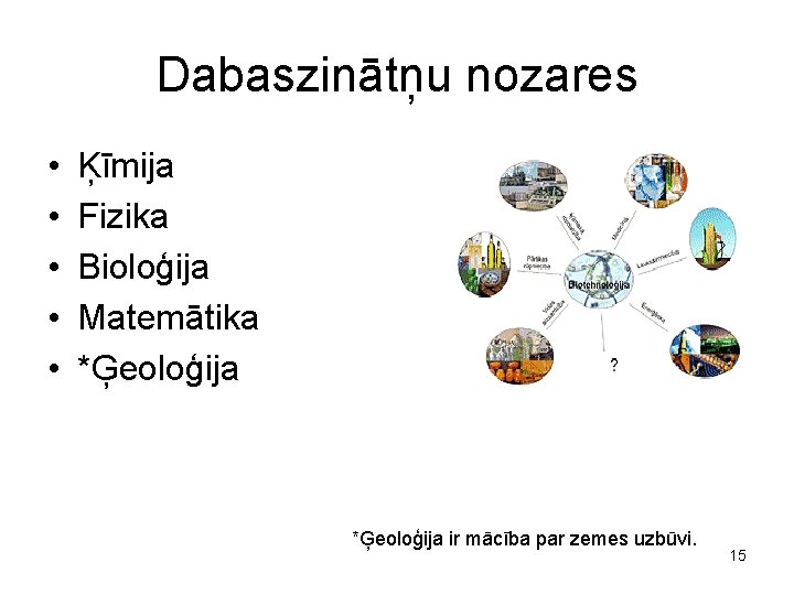 Dabaszinātņu nozares • • • Ķīmija Fizika Bioloģija Matemātika *Ģeoloģija ir mācība par zemes