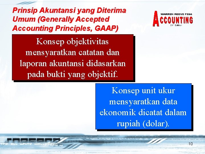 Prinsip Akuntansi yang Diterima Umum (Generally Accepted Accounting Principles, GAAP) Konsep objektivitas mensyaratkan catatan