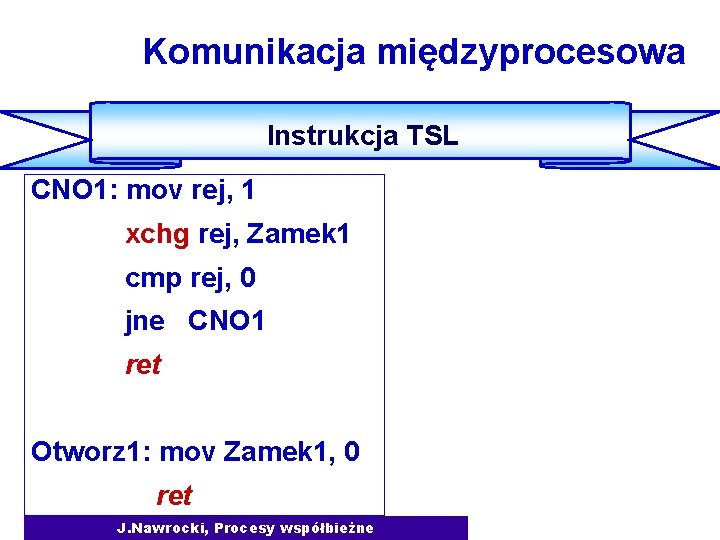 Komunikacja międzyprocesowa Instrukcja TSL CNO 1: mov rej, 1 xchg rej, Zamek 1 cmp
