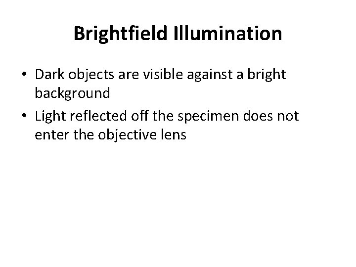Brightfield Illumination • Dark objects are visible against a bright background • Light reflected