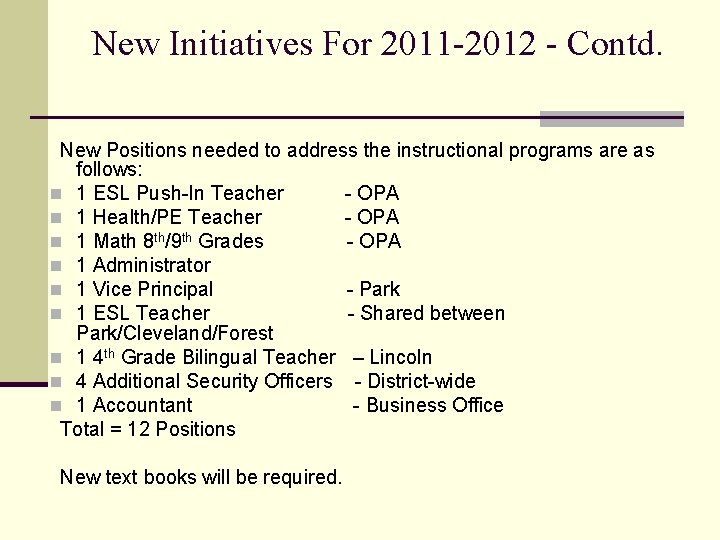 New Initiatives For 2011 -2012 - Contd. New Positions needed to address the instructional