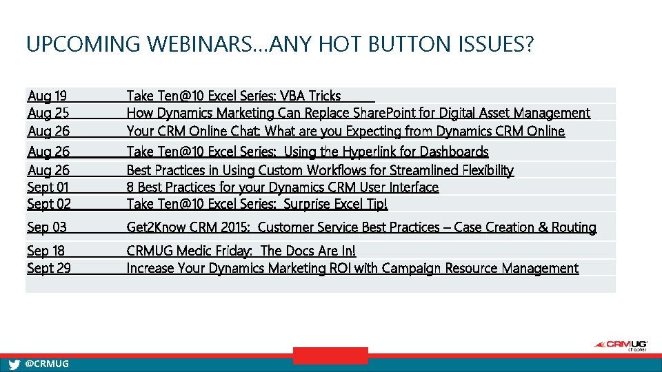 UPCOMING WEBINARS…ANY HOT BUTTON ISSUES? Aug 19 Aug 25 Aug 26 Sept 01 Sept