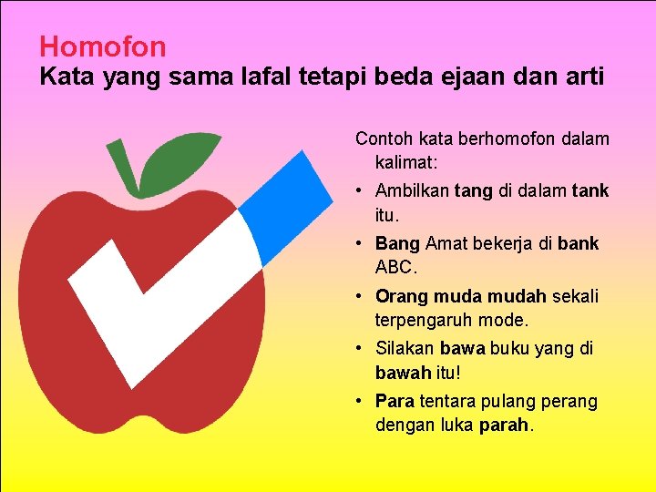 Homofon Kata yang sama lafal tetapi beda ejaan dan arti Contoh kata berhomofon dalam