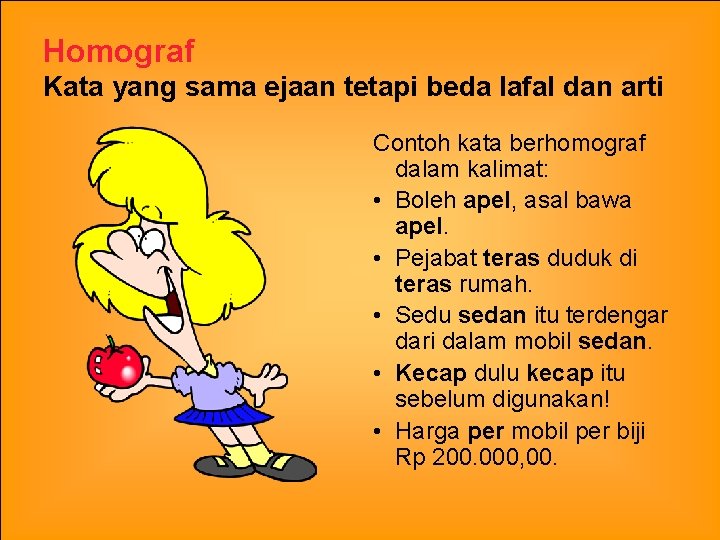 Homograf Kata yang sama ejaan tetapi beda lafal dan arti Contoh kata berhomograf dalam