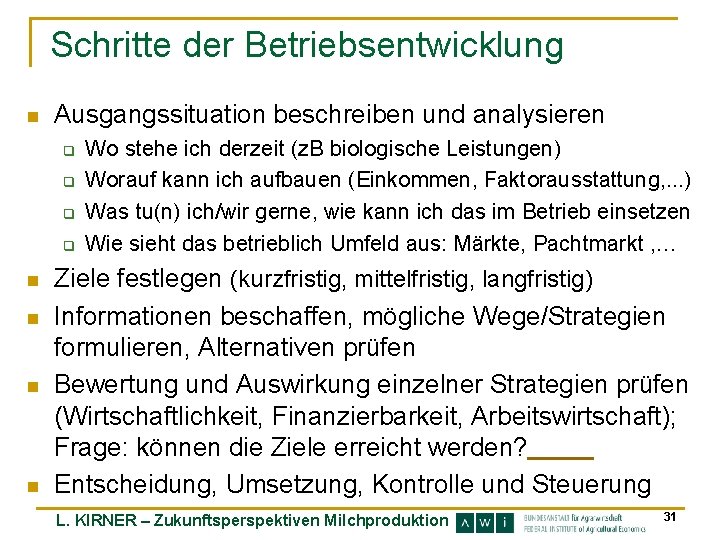 Schritte der Betriebsentwicklung n Ausgangssituation beschreiben und analysieren q q n n Wo stehe