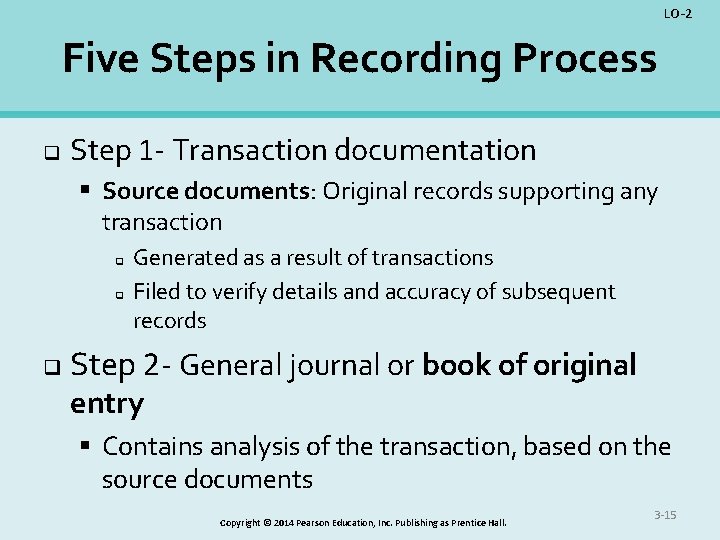 LO-2 Five Steps in Recording Process q Step 1 - Transaction documentation § Source