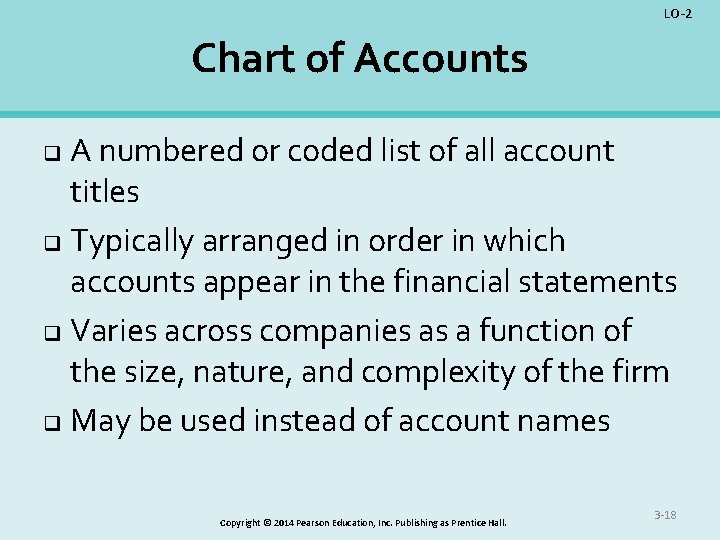 LO-2 Chart of Accounts A numbered or coded list of all account titles q