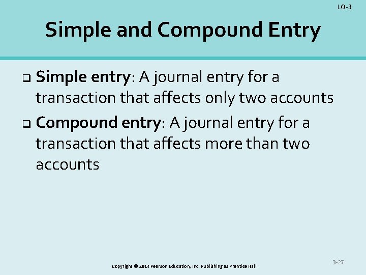 LO-3 Simple and Compound Entry Simple entry: A journal entry for a transaction that