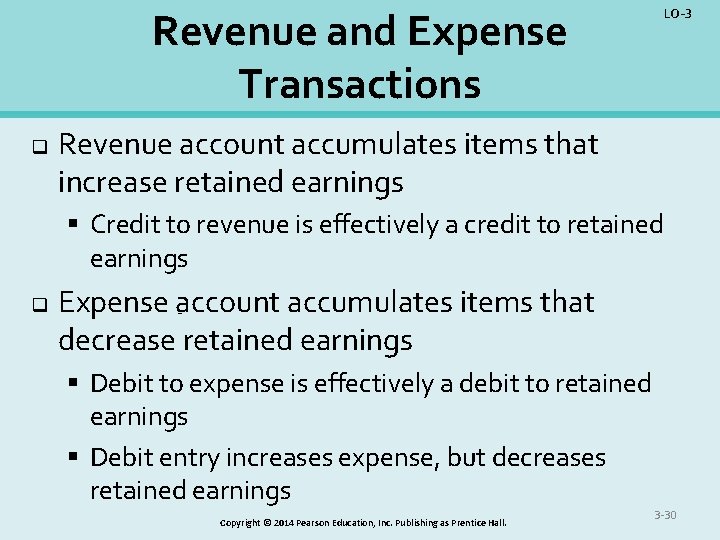 LO-3 Revenue and Expense Transactions q Revenue account accumulates items that increase retained earnings