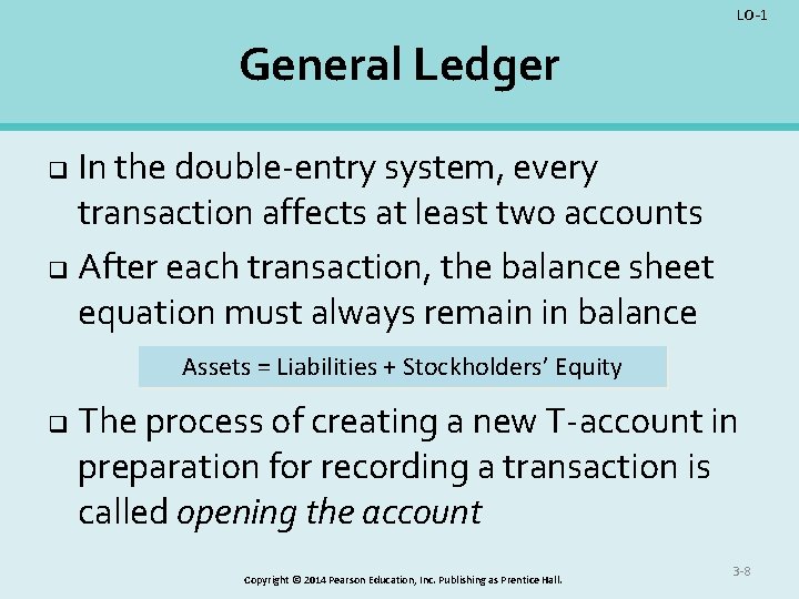 LO-1 General Ledger In the double-entry system, every transaction affects at least two accounts