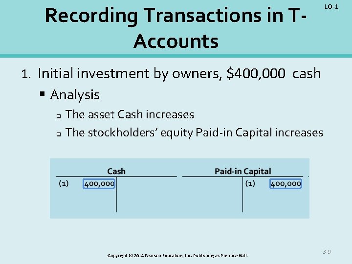 LO-1 Recording Transactions in TAccounts 1. Initial investment by owners, $400, 000 cash §