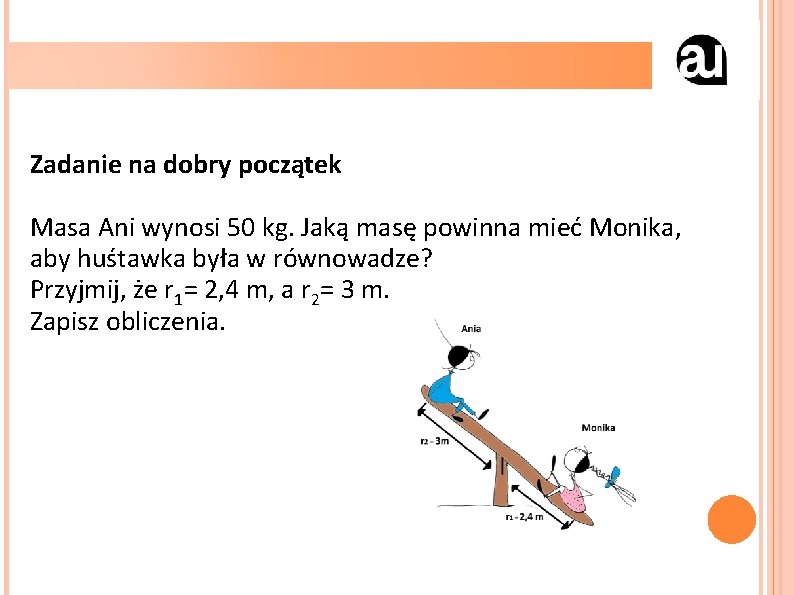 Zadanie na dobry początek Masa Ani wynosi 50 kg. Jaką masę powinna mieć Monika,