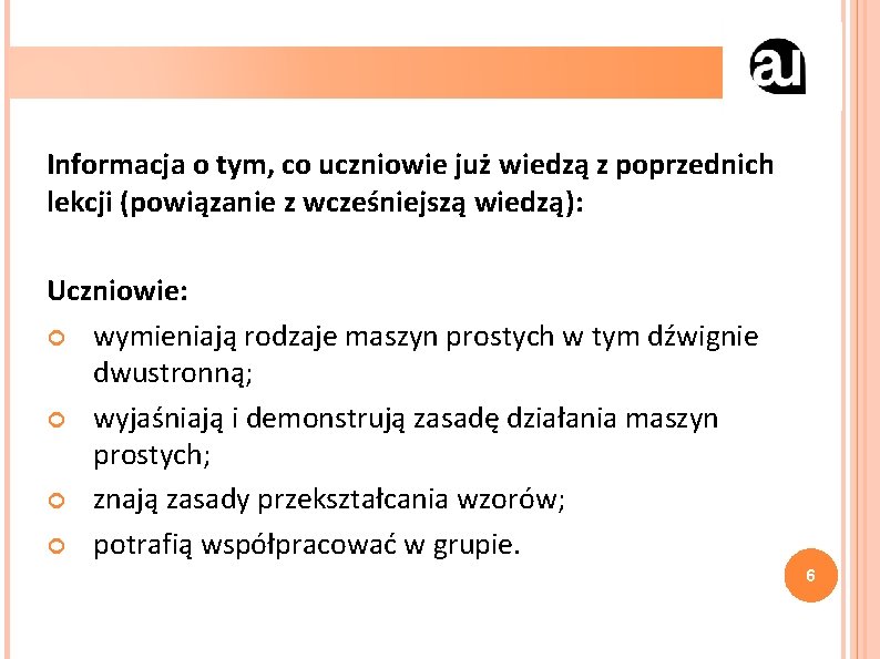 Informacja o tym, co uczniowie już wiedzą z poprzednich lekcji (powiązanie z wcześniejszą wiedzą):
