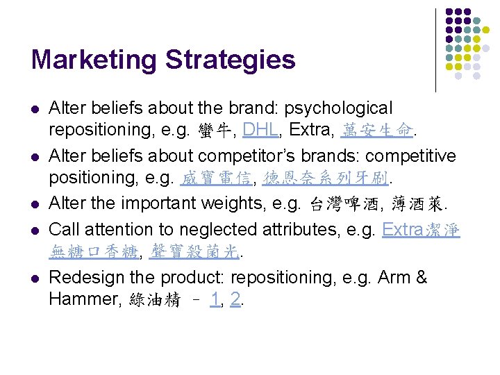 Marketing Strategies l l l Alter beliefs about the brand: psychological repositioning, e. g.