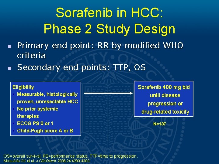 Sorafenib in HCC: Phase 2 Study Design n n Primary end point: RR by