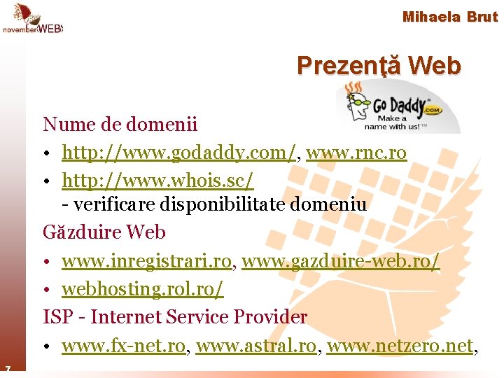 Mihaela Brut Prezenţă Web Nume de domenii • http: //www. godaddy. com/, www. rnc.
